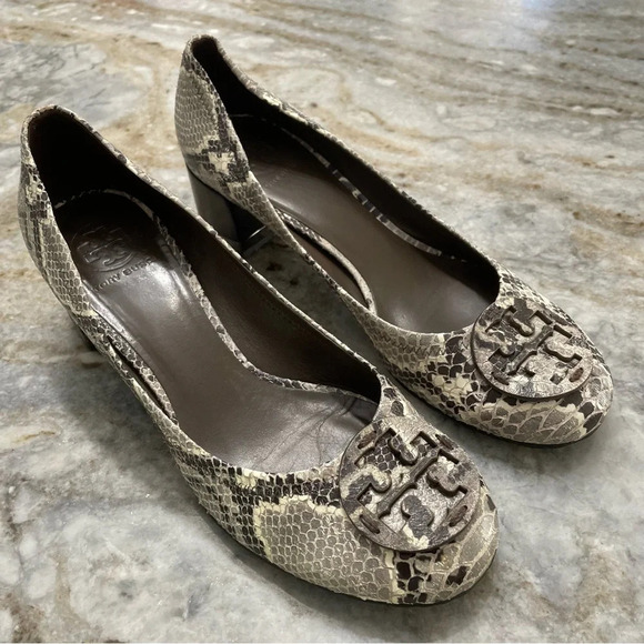 Tory Burch Chunky Heel Shoes Women's 8.5 M Gray Leather Snakeskin Print - Picture 13 of 15